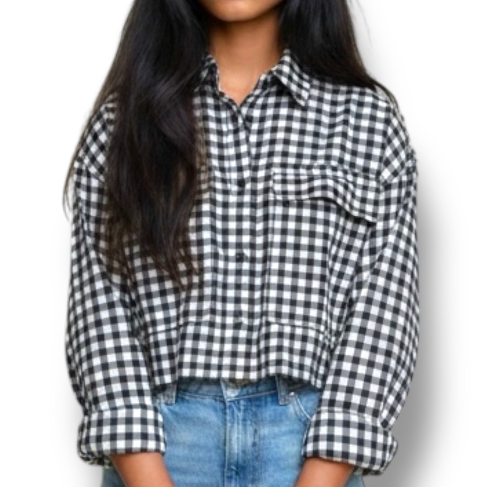 Abercrombie & Fitch Soft AF Black White Gingham Cropped Flannel Shirt Size L